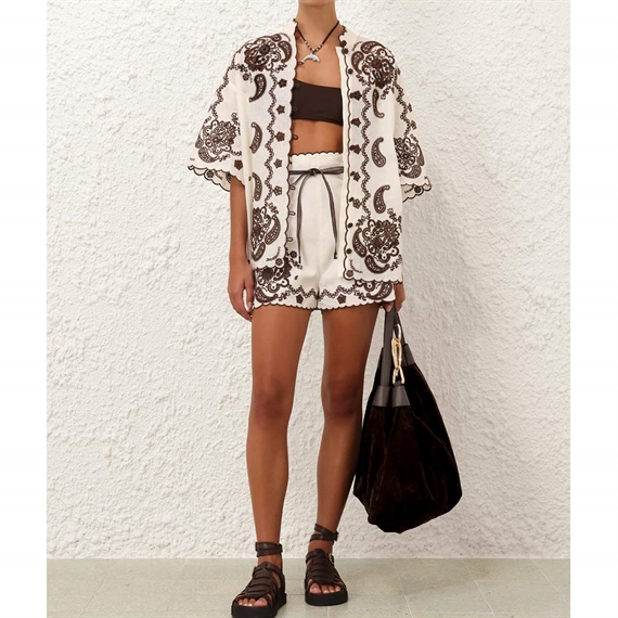 Zimmermann Ascension Embroidered Shorts, Ivory/Chocolate